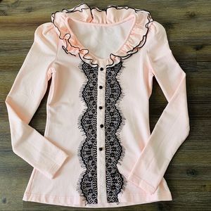 Pink Tee with Eyelash Lace Trim